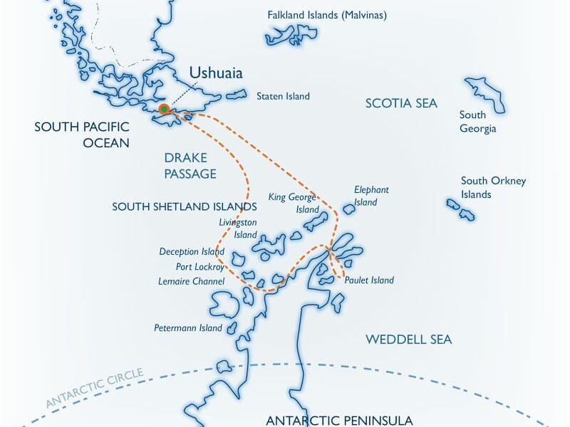 Route map of Weddell Sea Quest Antarctica small ship expedition cruise, operating round-trip from Ushuaia, Argentina.