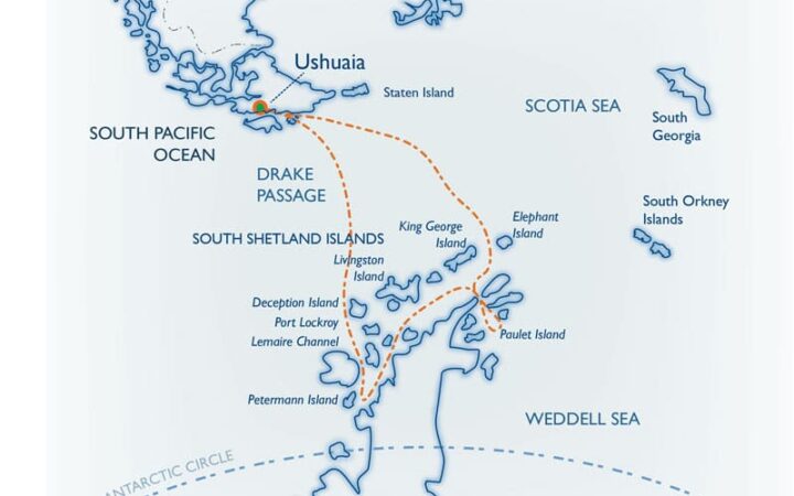 Route map for Classic Antarctica small ship cruise roundtrip from Ushuaia, Argentina with stops along the Antarctic Peninsula and South Shetland Islands.