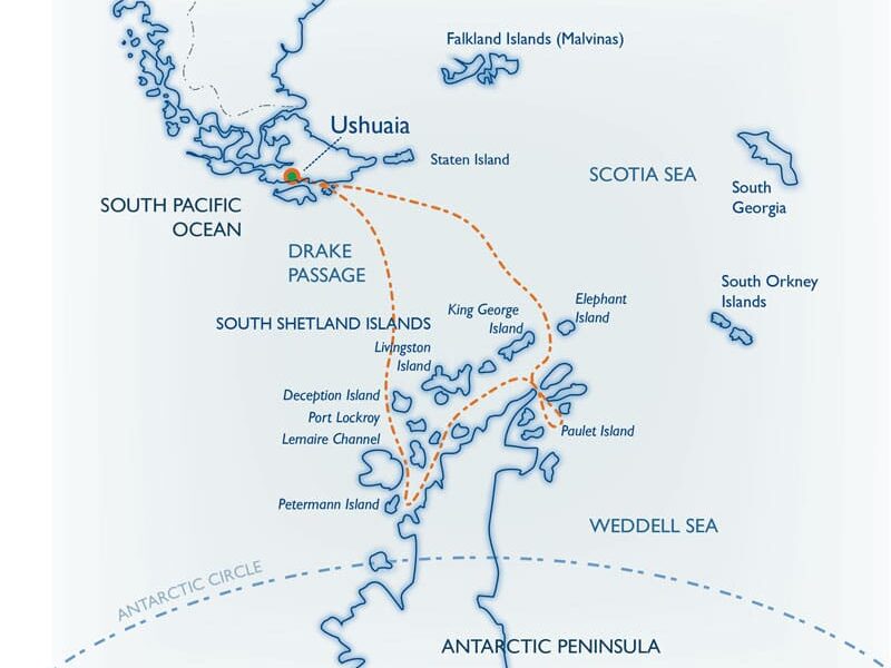 Route map for Classic Antarctica small ship cruise roundtrip from Ushuaia, Argentina with stops along the Antarctic Peninsula and South Shetland Islands.