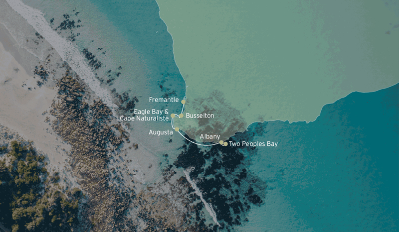 Route map of Short Coastal Adventures: Western Australia cruise between Fremantle and Albany.