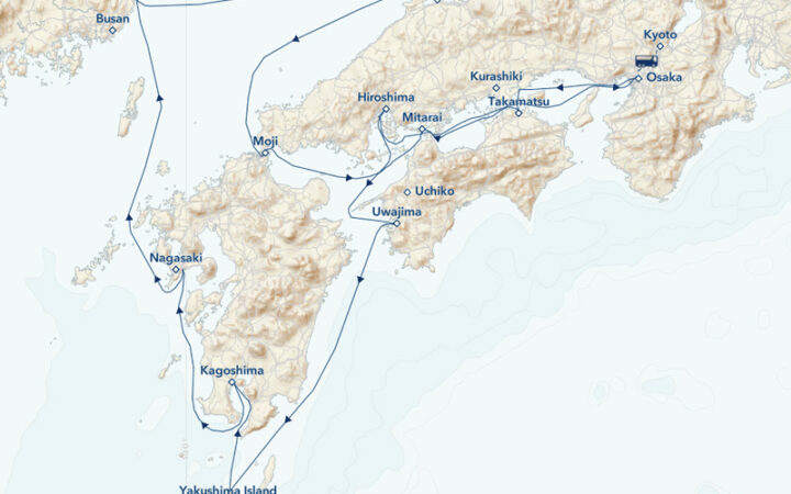 Route map of Coastal Japan: Imperial Dynasties & Modern Culture cruise round-trip from Osaka with visits along Honshu, Shikoku, Ryushu & South Korea's Ulsan & Gyeongju.