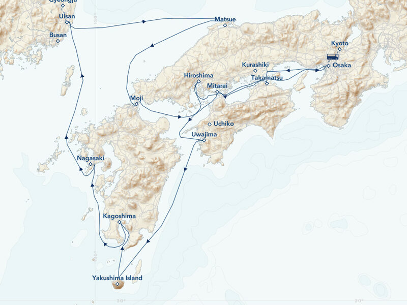 Route map of Coastal Japan: Imperial Dynasties & Modern Culture cruise round-trip from Osaka with visits along Honshu, Shikoku, Ryushu & South Korea's Ulsan & Gyeongju.