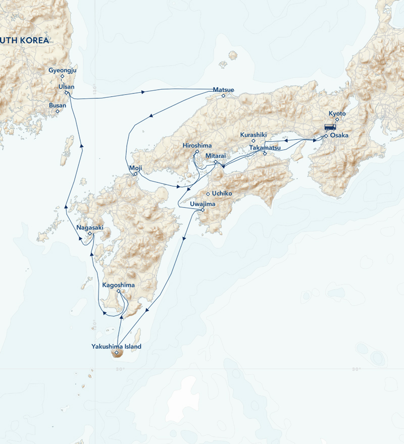 Route map of Coastal Japan: Imperial Dynasties & Modern Culture cruise round-trip from Osaka with visits along Honshu, Shikoku, Ryushu & South Korea's Ulsan & Gyeongju.