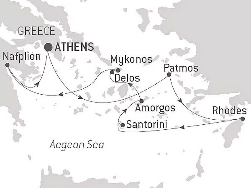 Route map of Cruising The Greek Islands of The Southern Aegean - With Smithsonian Journeys cruise, operating round-trip from Athens with visits to Nafplion, Mykonos, Delos, Amorgos, Santorini, Patmos & Rhodes.