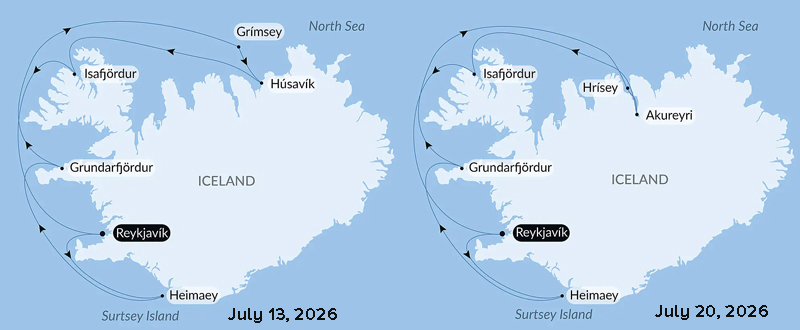 Route maps of alternative Icelandic Mosaic cruises, operating round-trip from Reykjavik, Iceland, with visits along the west coast & a unique visit to either Husavik or Hrisey.