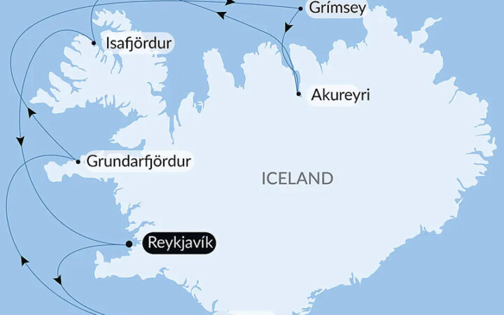 Route map of Icelandic Mosaic cruise, operating round-trip from Reykjavik, Iceland, with visits along the west coast.