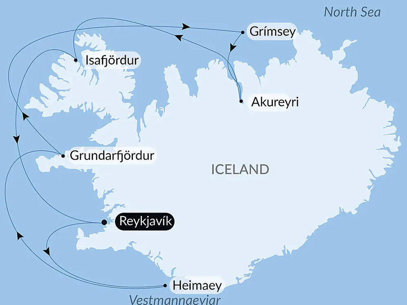 Route map of Icelandic Mosaic cruise, operating round-trip from Reykjavik, Iceland, with visits along the west coast.