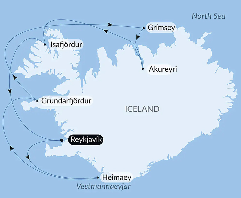 Route map of Icelandic Mosaic cruise, operating round-trip from Reykjavik, Iceland, with visits along the west coast.