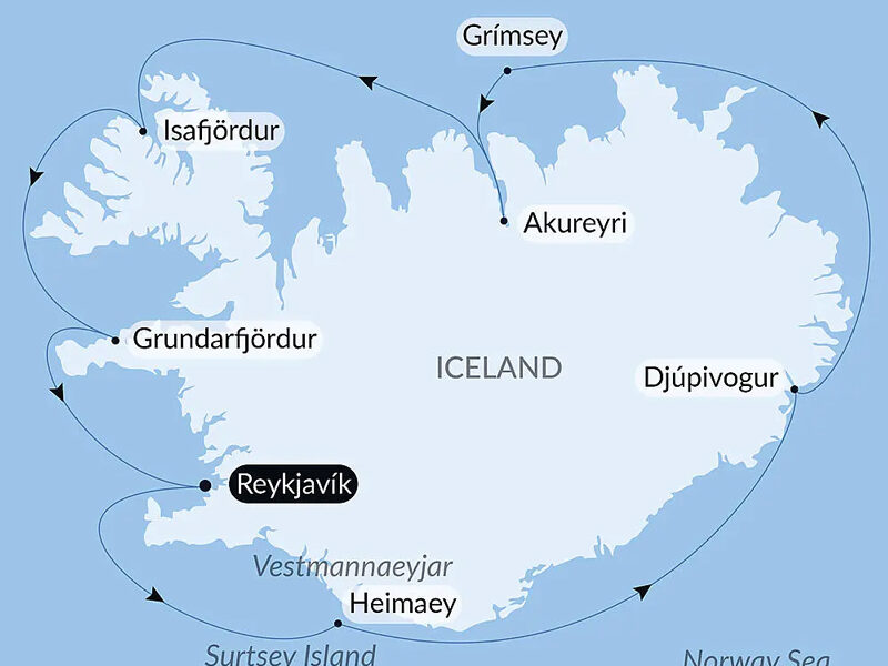 Route map of Icelandic Nature & Traditions small ship cruise, operating round-trip from Reykjavik & making a complete circumnavigation.