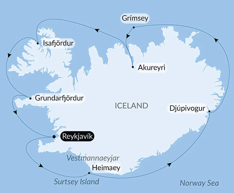 Route map of Icelandic Nature & Traditions small ship cruise, operating round-trip from Reykjavik & making a complete circumnavigation.