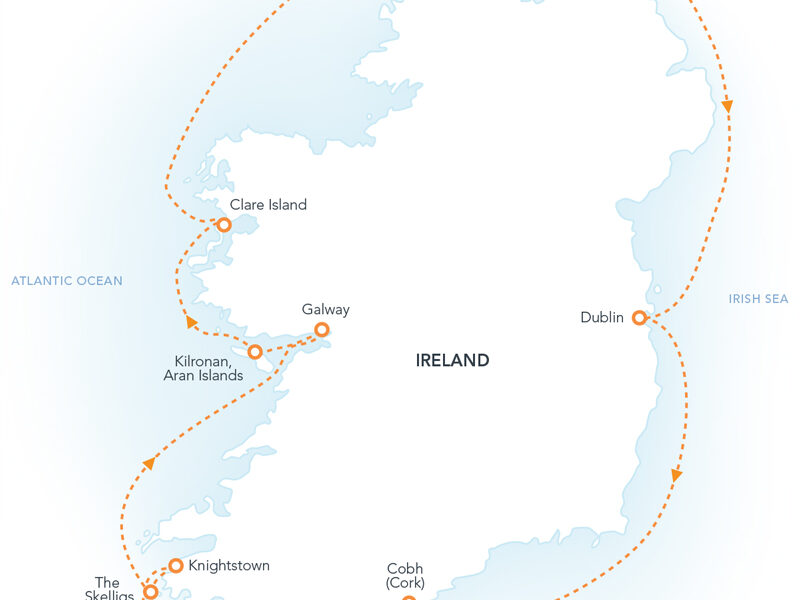 Route map of Ireland Circumnavigation cruise, round-trip from Dublin with visits along the south, west, north and east shores.