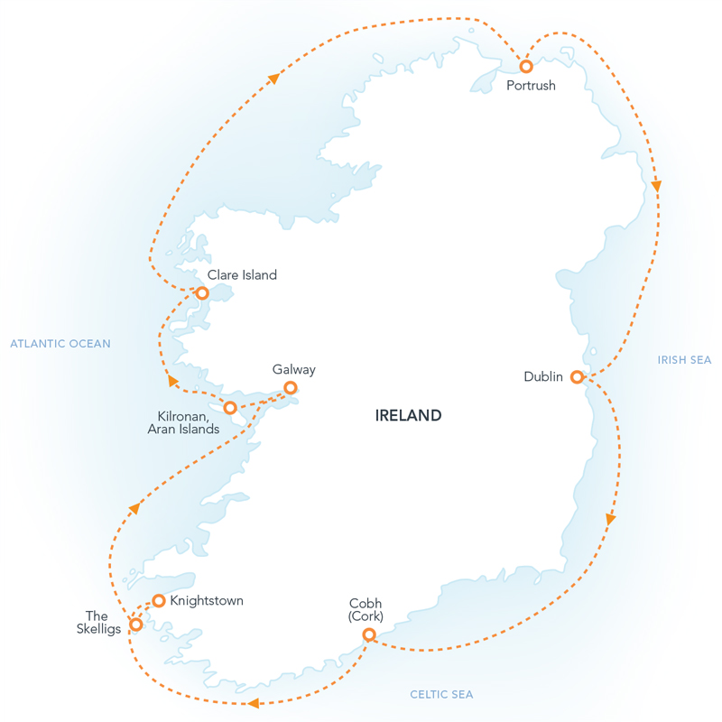Route map of Ireland Circumnavigation cruise, round-trip from Dublin with visits along the south, west, north and east shores.