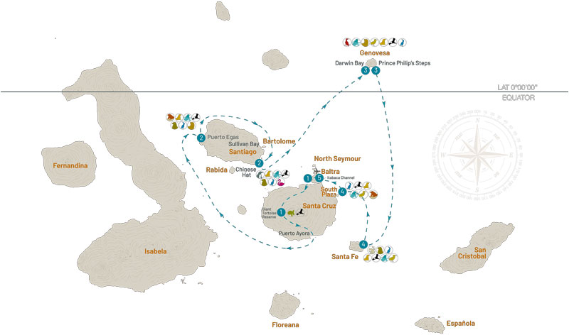 Route map for 5-Day Northern Isabela II Galapagos Cruise with visits to Baltra, Santa Cruz, Genovesa, Santiago and Santa Fe islands.