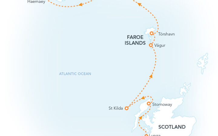 Route map of Isles of the North Atlantic cruise from Troon, Scotland to Reykjavik, Iceland with visits to the Faroe Island & southern Iceland on the way.