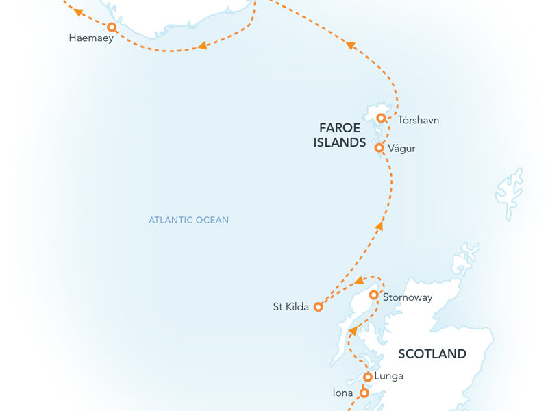 Route map of Isles of the North Atlantic cruise from Troon, Scotland to Reykjavik, Iceland with visits to the Faroe Island & southern Iceland on the way.