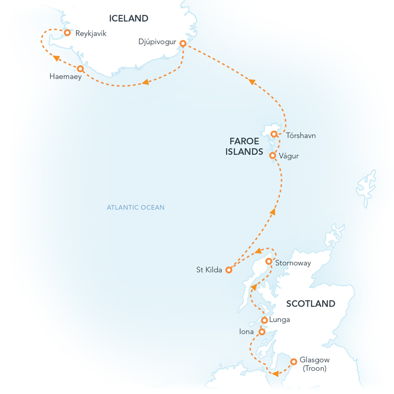 Route map of Isles of the North Atlantic cruise from Troon, Scotland to Reykjavik, Iceland with visits to the Faroe Island & southern Iceland on the way.