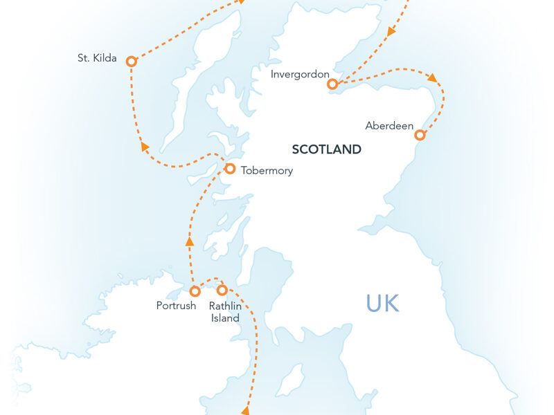 Route map of The Jewels of Scotland cruise from Dublin, Ireland to Aberdeen, Scotland with visits to northern Ireland & western & northern Scotland.