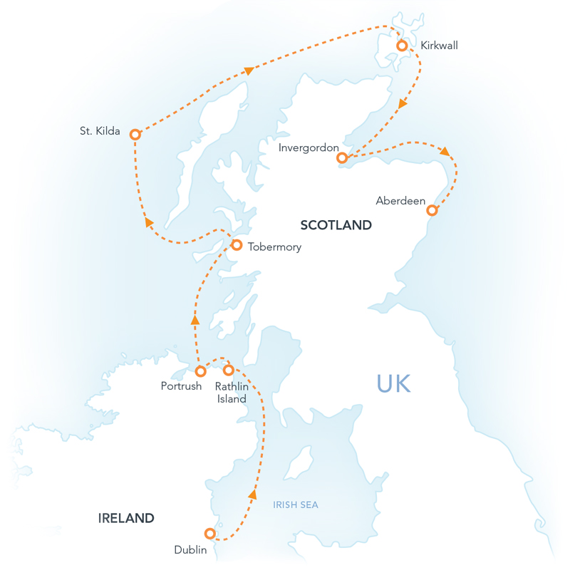 Route map of The Jewels of Scotland cruise from Dublin, Ireland to Aberdeen, Scotland with visits to northern Ireland & western & northern Scotland.