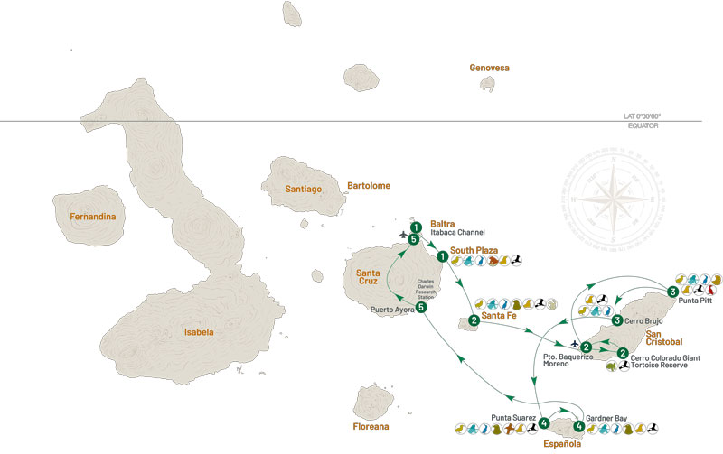Route map for La Pinta 5-Day East Galapagos Cruise with visits to Baltra,, South Plaza, Santa Fe, San Cristobal, Espanola and Santa Cruz islands.