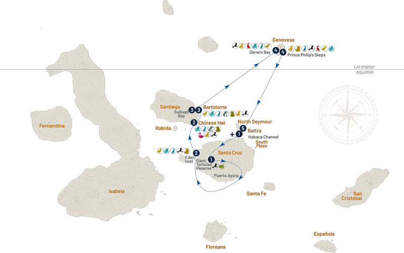 Route map for La Pinta 5-Day North Galapagos Cruise with visits to Baltra, Santa Cruz, Santiago, Bartolome and Genovesa Islands.