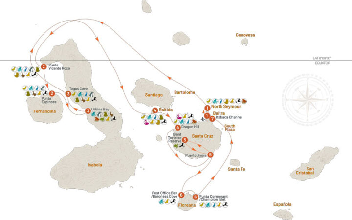 Route map for La Pinta 7-Day West Galapagos Cruise with visits to Baltra, North Seymour, Fernandina, Isabela, Rabida, Santa Cruz and Floreana Islands.