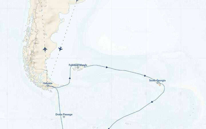 Route map of main (clockwise) National Geographic Antarctica, South Georgia & Falklands voyage, operating round-trip from Buenos Aires, Argentina or Santiago, Chile.