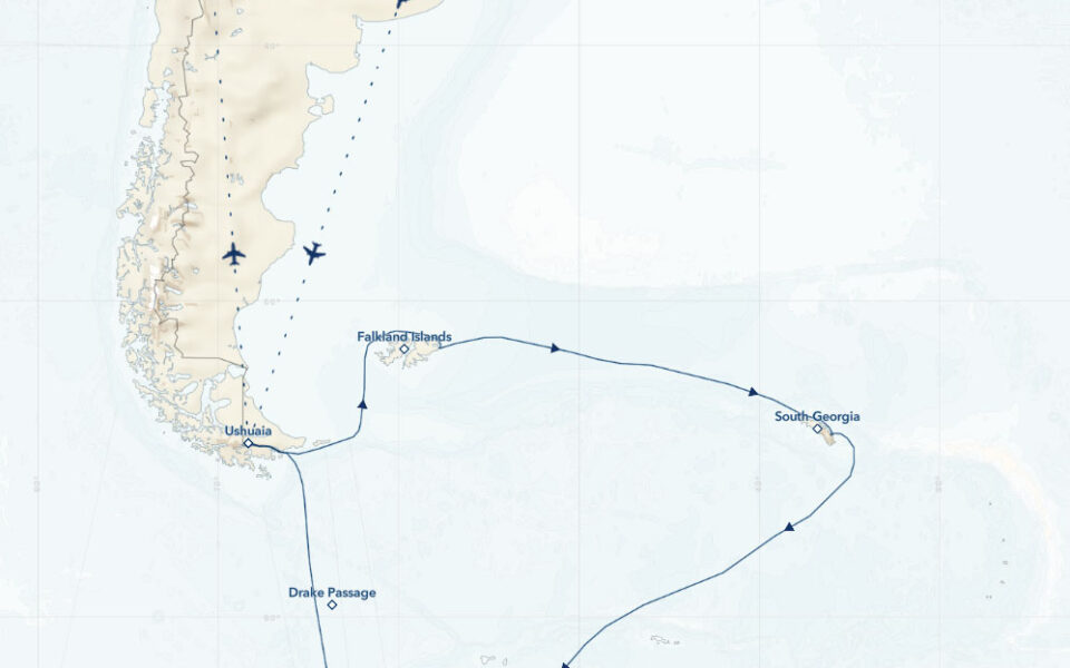 Route map of main (clockwise) National Geographic Antarctica, South Georgia & Falklands voyage, operating round-trip from Buenos Aires, Argentina or Santiago, Chile.
