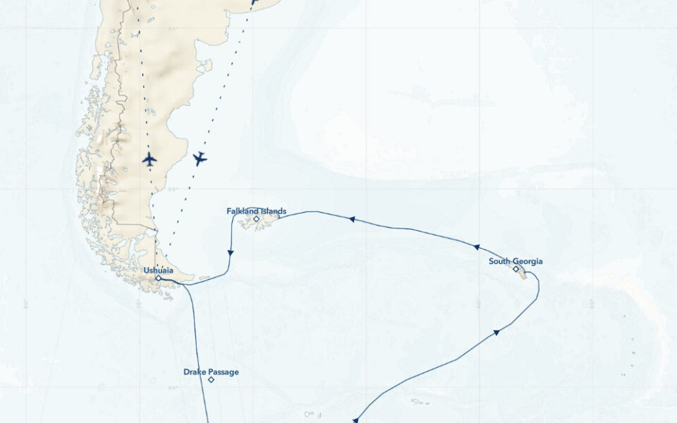 Route map of modified (counterclockwise) National Geographic Antarctica, South Georgia & Falklands voyage, operating round-trip from Buenos Aires, Argentina or Santiago, Chile.