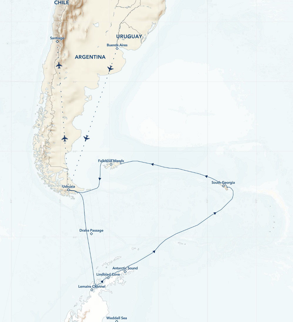 Route map of modified (counterclockwise) National Geographic Antarctica, South Georgia & Falklands voyage, operating round-trip from Buenos Aires, Argentina or Santiago, Chile.
