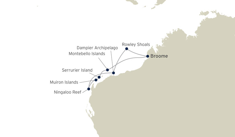 Route map of Ningaloo & The Rowley Shoals western Australia cruise round-trip from Broome.