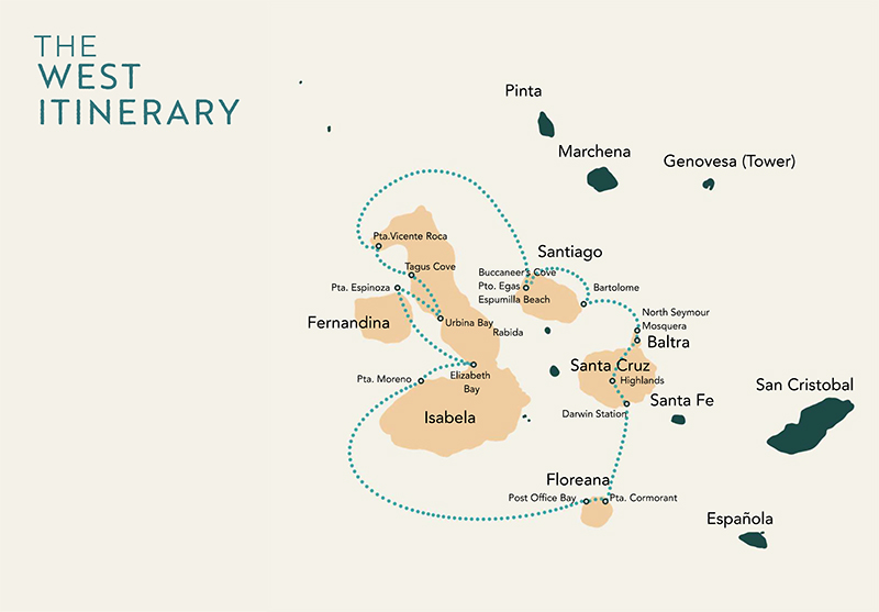 Route map of Passion Western itinerary small ship cruise, operating round-trip from Baltra with visits to the islands of Santa Cruz, Floreana, Isabela, Fernandina, Santiago, North Seymour & Mosquera.