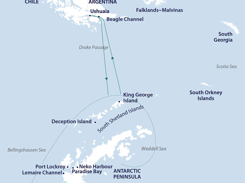 Route map of Southern Antarctic Realms cruise, round-trip from Ushuaia, Argentina with visits along the Peninsula, including south of the Antarctic Circle, & the Weddell Sea.