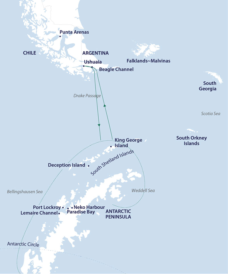 Route map of Southern Antarctic Realms cruise, round-trip from Ushuaia, Argentina with visits along the Peninsula, including south of the Antarctic Circle, & the Weddell Sea.