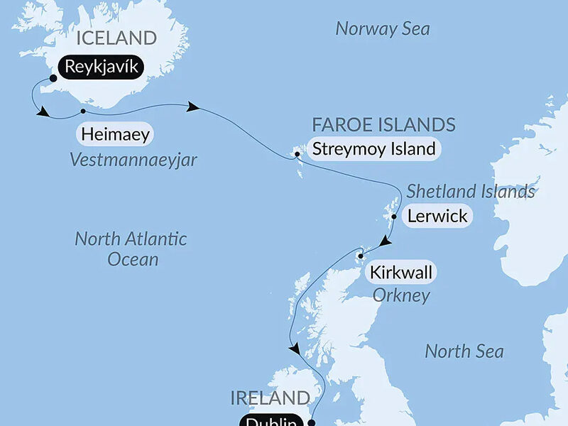 Route map of Total Solar Eclipse from Iceland to Ireland cruise, with visits to the Faroe and Shetland Islands, plus Scotland.
