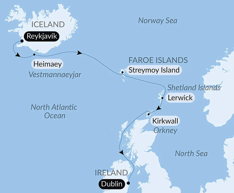 Route map of Total Solar Eclipse from Iceland to Ireland cruise, with visits to the Faroe and Shetland Islands, plus Scotland.