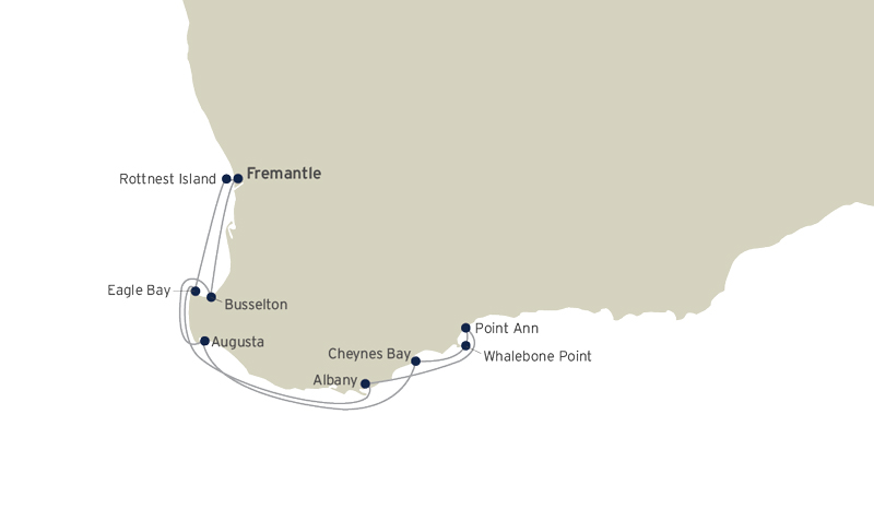 Route map of Whales & Trails of Western Australia cruise round-trip from Fremantle with visits to Rottnest Island, Eagle Bay, Busselton, Augusta, Albany, Cheynes Bay, Whalebone Point & Point Ann.