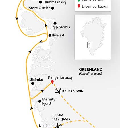 Route map of small ship west Greenland icebergs inuit communities northbound showing stops along the way and flight routes to and from