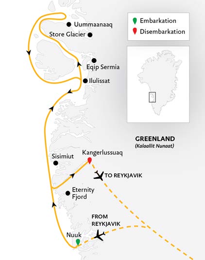 Route map of small ship west Greenland icebergs inuit communities northbound showing stops along the way and flight routes to and from