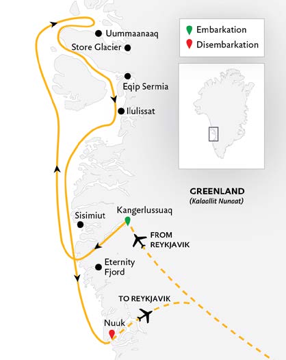 Route map of small ship west Greenland icebergs inuit communities southbound showing stops along the way and flight routes to and from