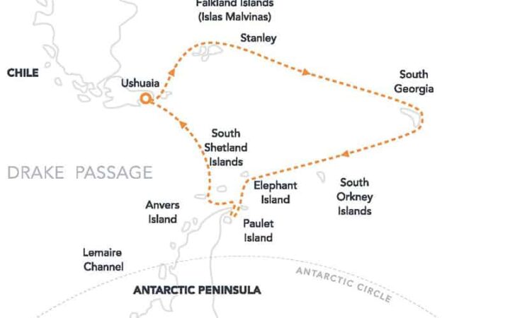 Route map of Antarctic Latitudes, Falklands & South Georgia Antarctica small ship cruise, operating roundtrip clockwise from Ushuaia, Argentina with stops at the Falkland Islands, South Georgia, the Antarctic Peninsula and South Shetland Islands.