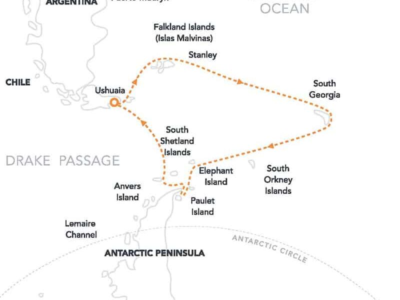 Route map of Antarctic Latitudes, Falklands & South Georgia Antarctica small ship cruise, operating roundtrip clockwise from Ushuaia, Argentina with stops at the Falkland Islands, South Georgia, the Antarctic Peninsula and South Shetland Islands.