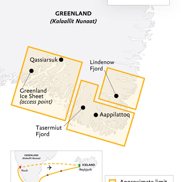 Map of South Greenland: Alpine Exploration by Helicopter cruise from Reykjavik, Iceland to Nuuk, Greenland & charter flight back to Iceland.