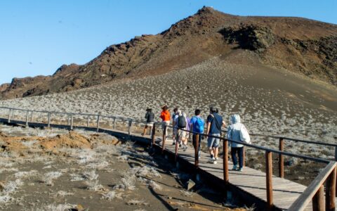 Group of travelers on a Horizon Galapagos cruise walks a boardwalk over an arid zone with a brown peak in the distance.