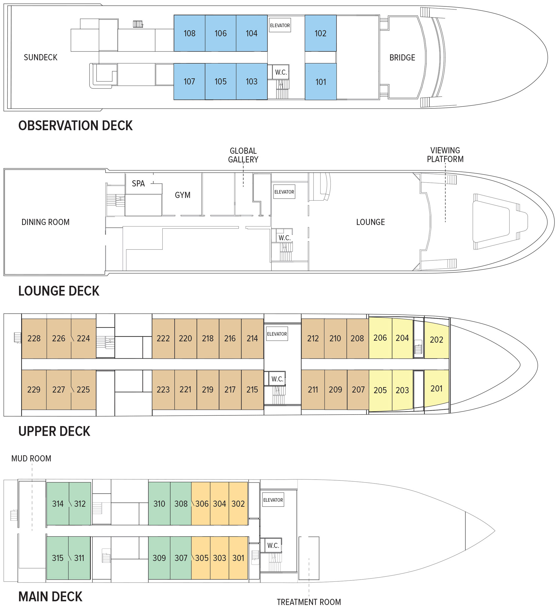 Deck plan detailing Main Deck, Upper Deck, Lounge Deck, and Observation Deck of National Geographic Venture expedition vessel