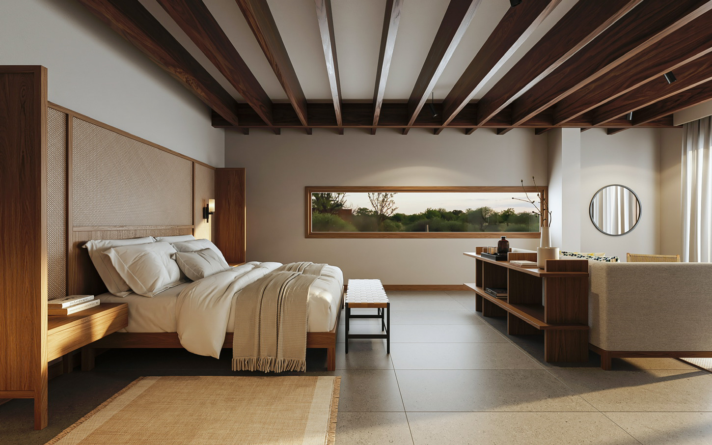 Spacious Evolution Suite at Finch Bay Galapagos hotel with king bed in white linens, modern aesthetics, couch & panoramic windows.
