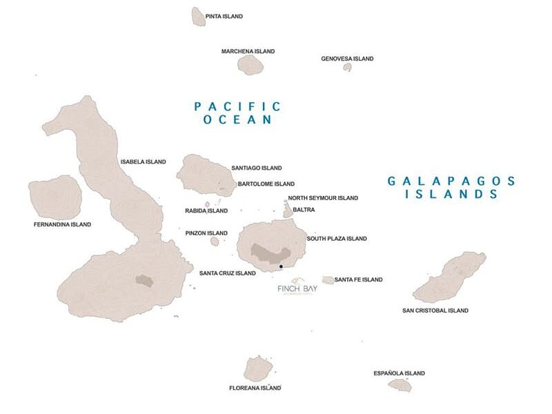 Galapagos Discovery route map with stays at Finch Bay Eco Hotel.