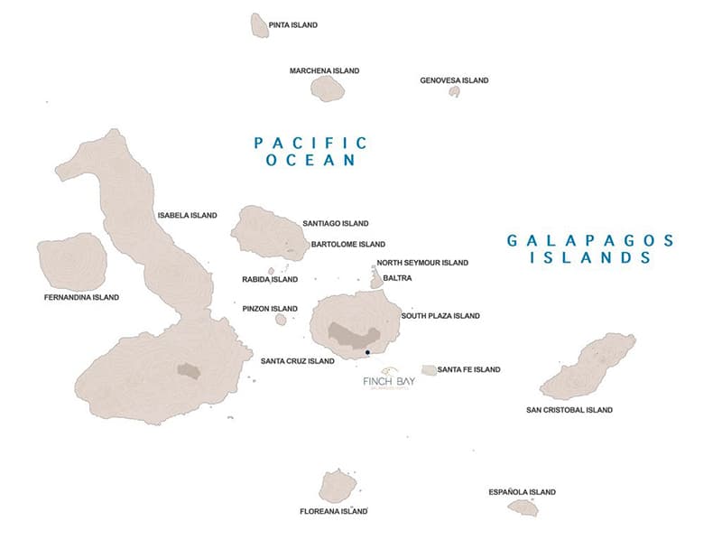 Galapagos Discovery route map with stays at Finch Bay Eco Hotel.