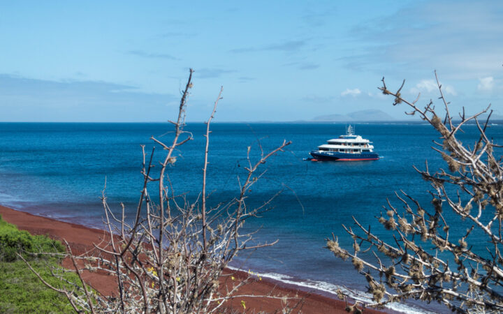Trimaran with blue hull & white upper decks sits off shore of a red-sand beach during the Camila Galapagos cruise.