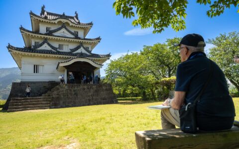 Man in blue shit & baseball cap sits on wood bench under a tree in the sun & looks at a Japanese castle in white, blue & gold.
