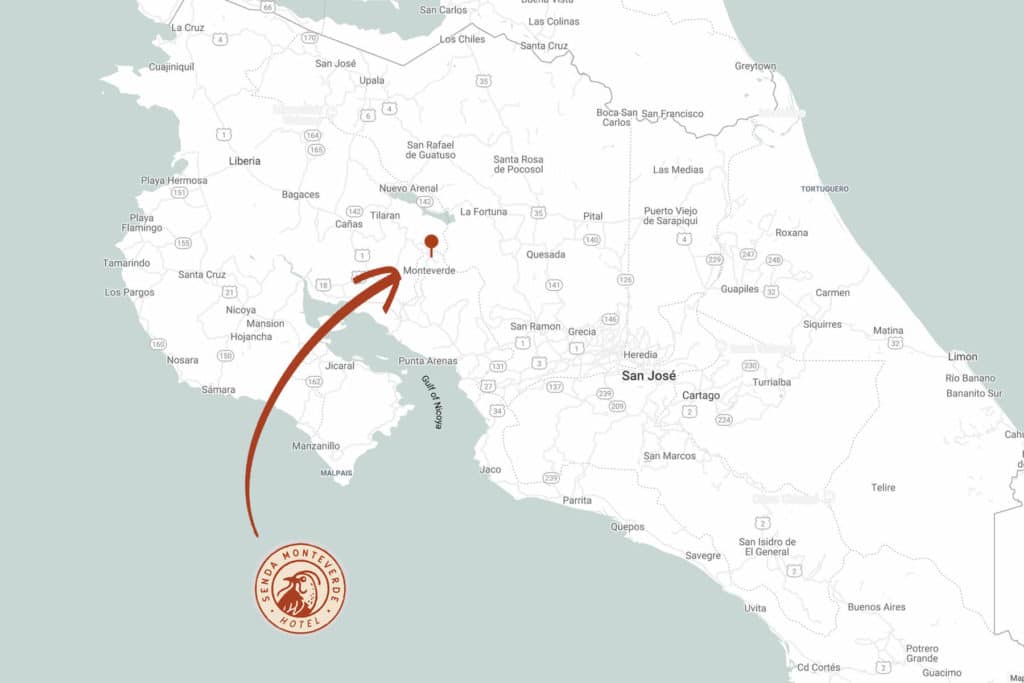 Map of central Costa Rica showing location of Hotel Senda Monteverde eco-hotel.